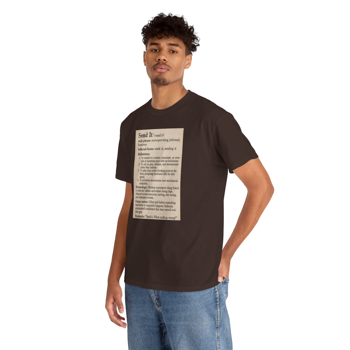 Man wearing a brown t-shirt with text design on a white background