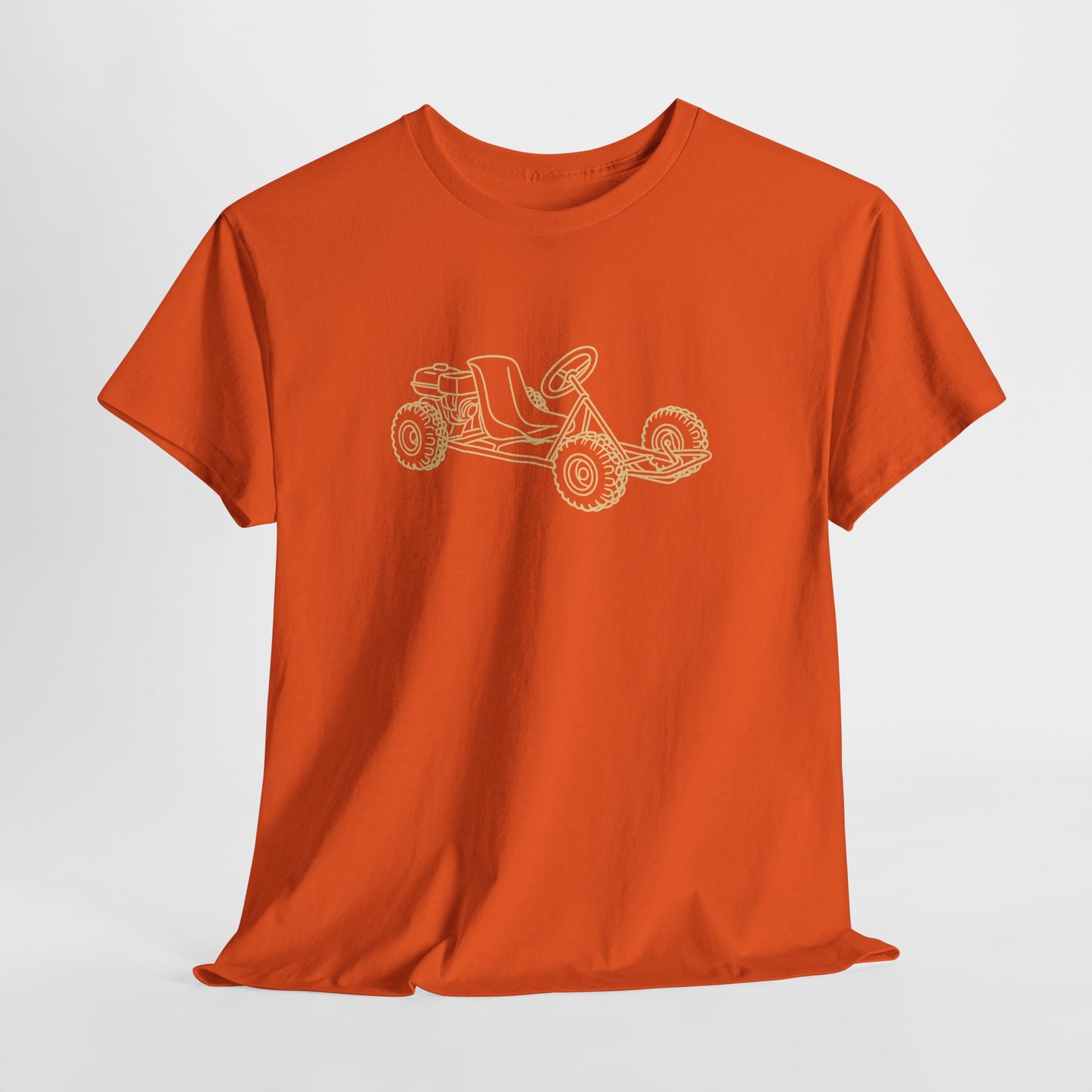 Orange t-shirt with a white graphic design on a light gray background