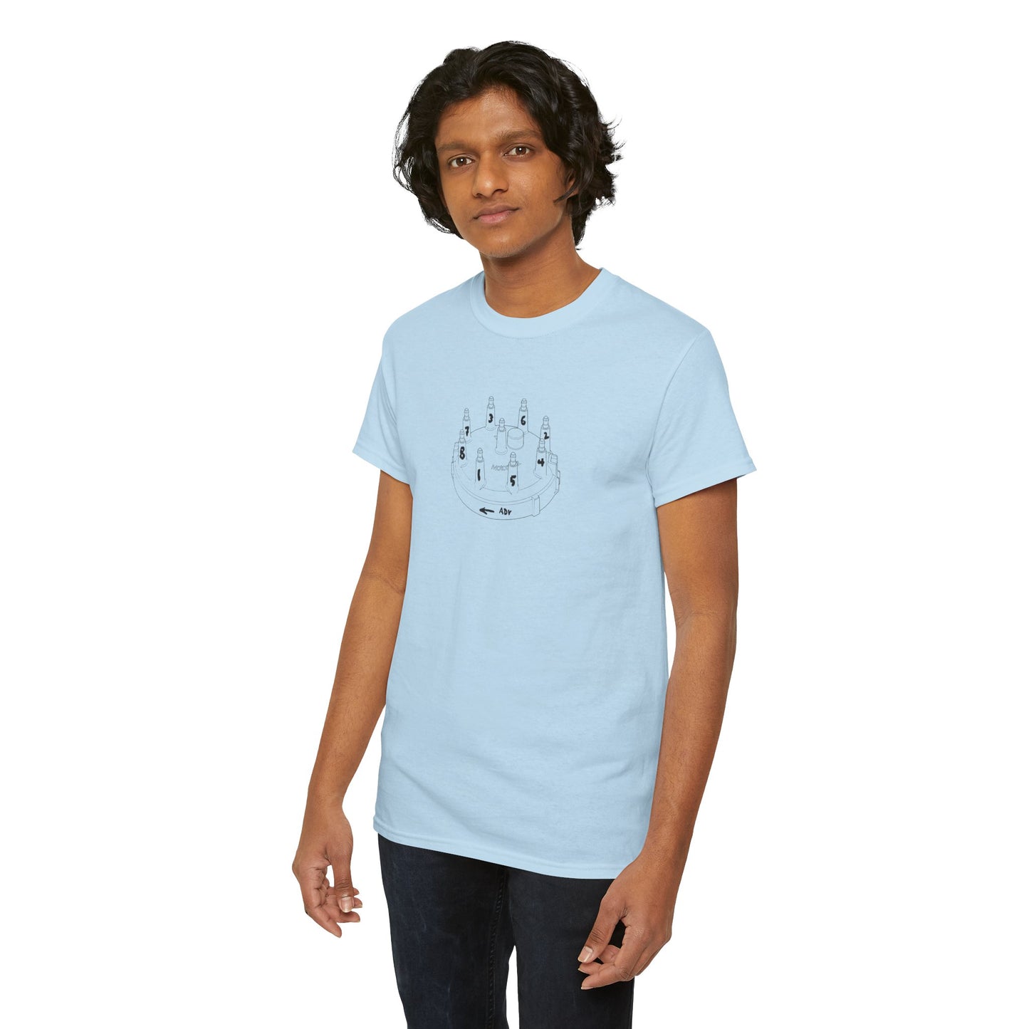 Person wearing a light blue t-shirt with a graphic design on a white background