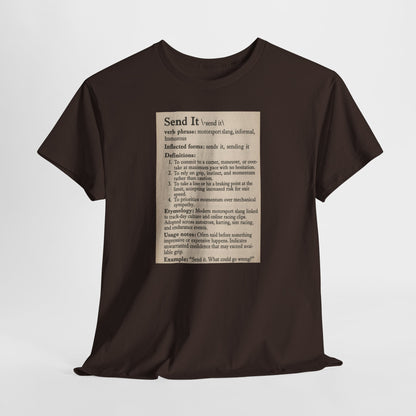 Brown t-shirt with printed definition text on a white background