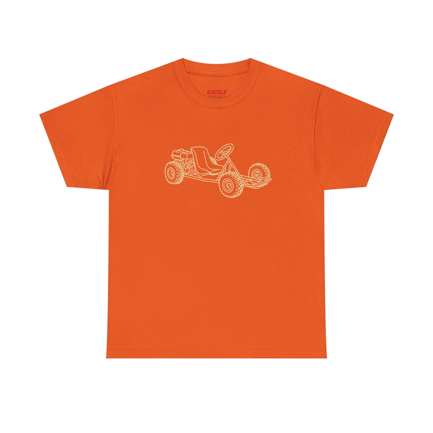 Orange t-shirt with a white graphic of a dune buggy on a white background
