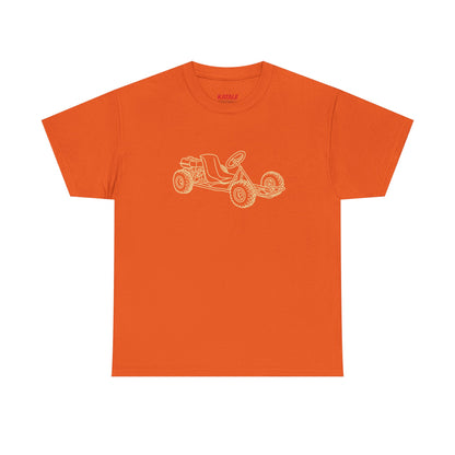 Orange t-shirt with a white graphic of a dune buggy on a white background