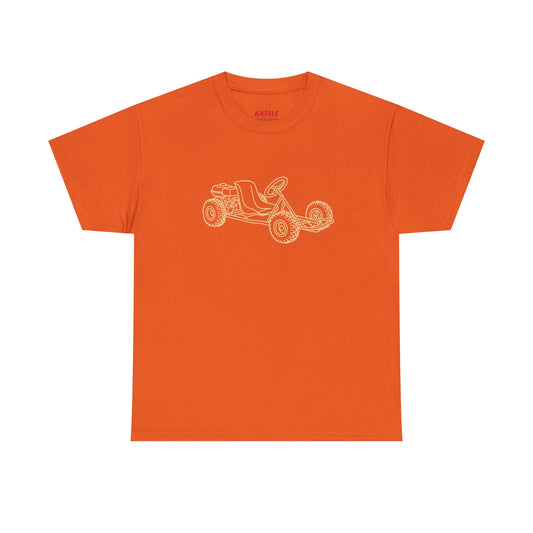Orange t-shirt with a white graphic of a dune buggy on a white background