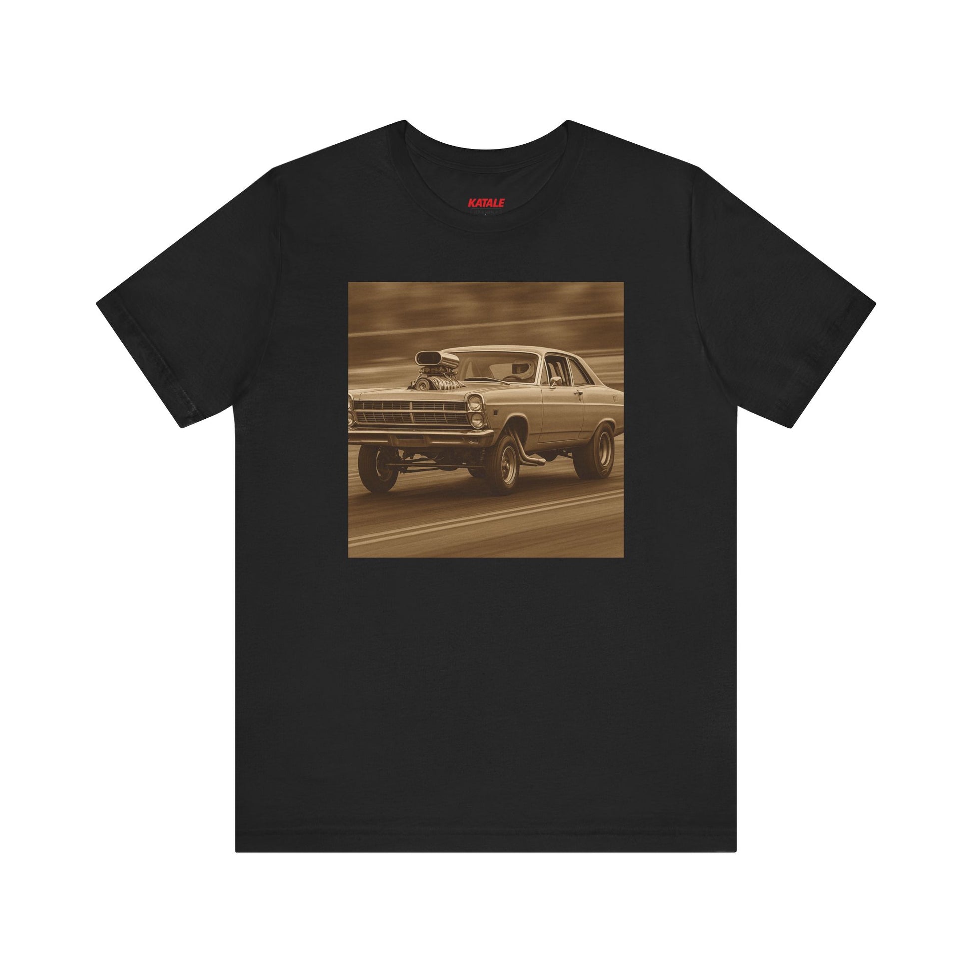 Black t-shirt with a vintage car graphic on a white background