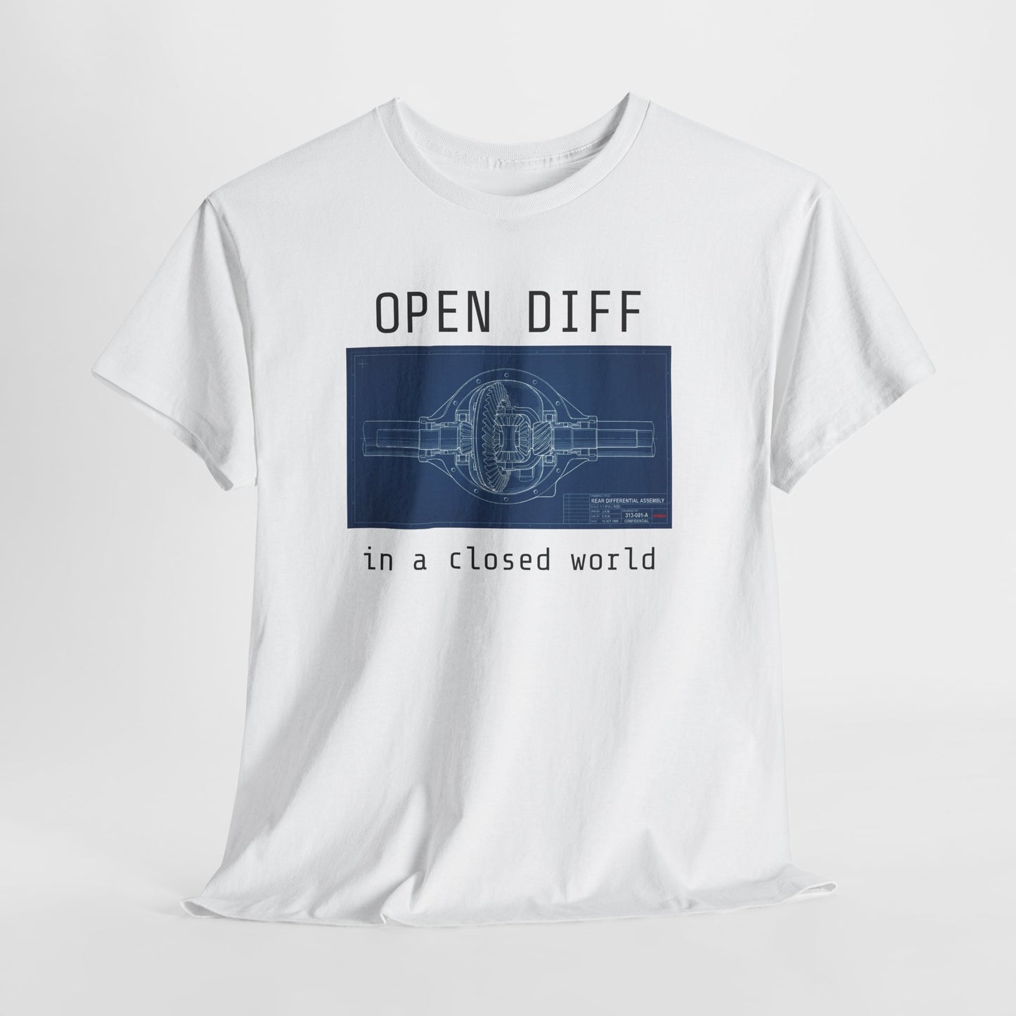 White t-shirt with blue graphic and text on a white background