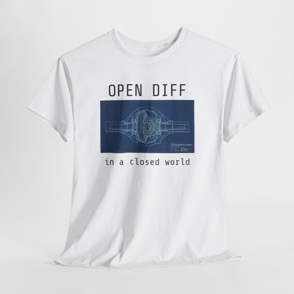 White t-shirt with blue graphic and text on a white background