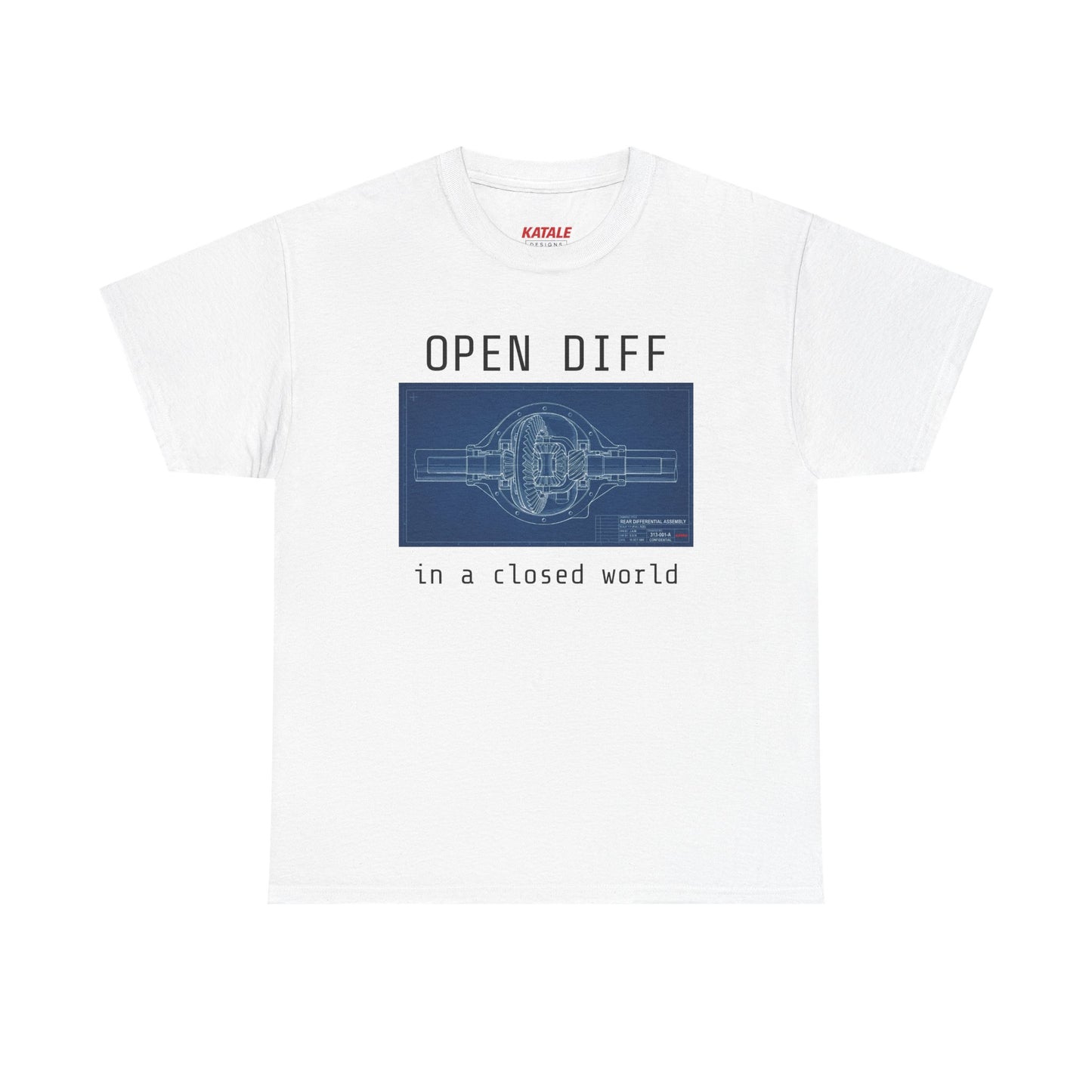 White t-shirt with graphic design and text on a white background