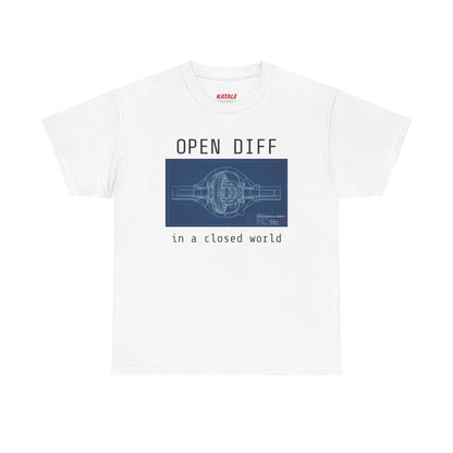 White t-shirt with graphic design and text on a white background